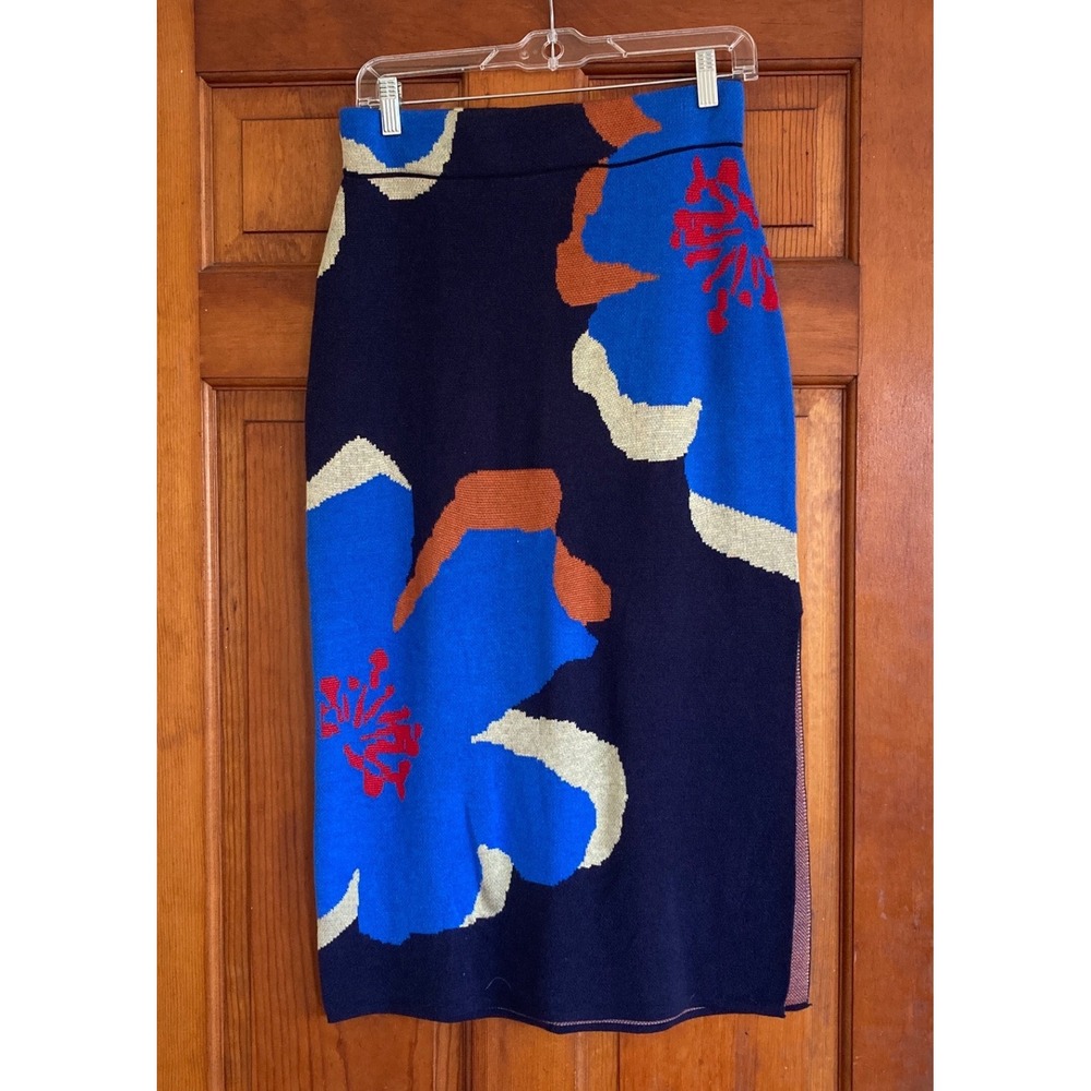 Womens S All Over Large Print Bold Floral Knit Midi Pencil Skirt Navy Blue Mod
